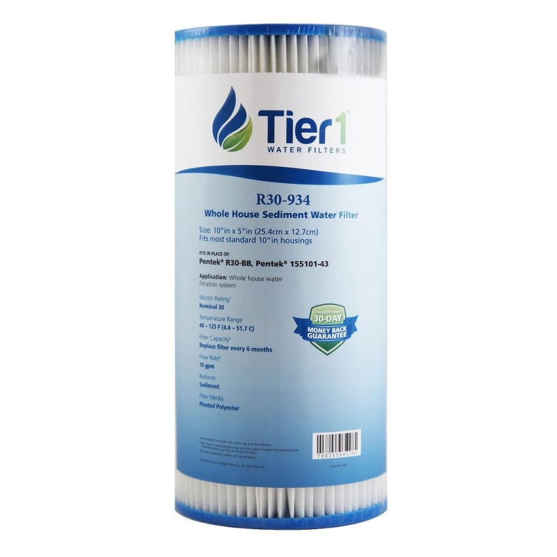Tier1 30 Micron 10 Inch x 4.5 Inch | Pleated Polyester Whole House Sediment Water Filter Replacement Cartridge | Compatible with Pentek R30-BB, 155101-43, RS6, SPC-45-1030, Home Water Filter - Image 1
